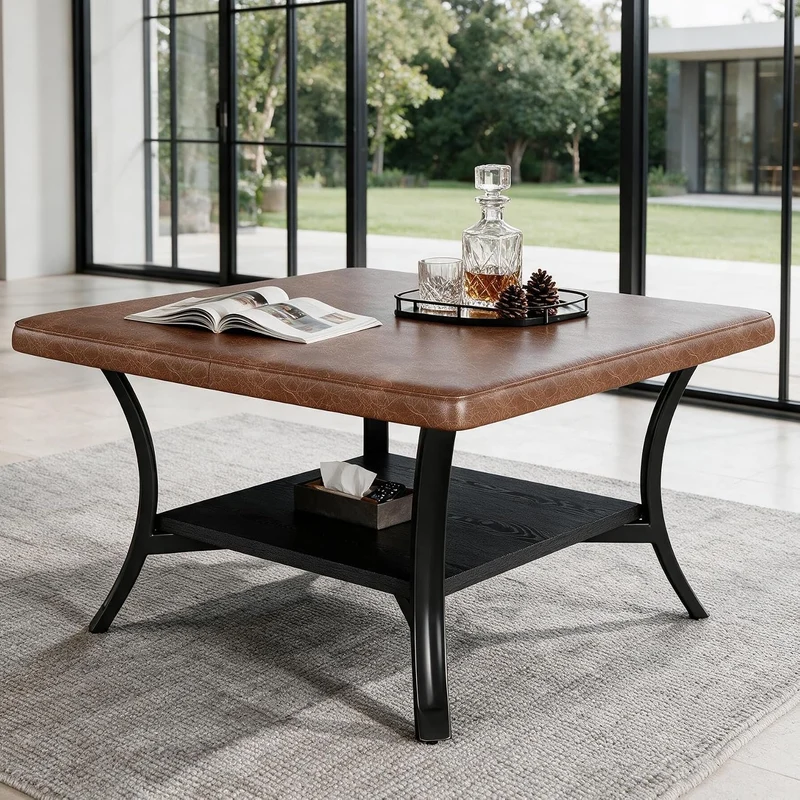 Tribesigns Table basse carrée pour salon, Revêtement en similicuir pouf rembourré avec étagère 80 cm
