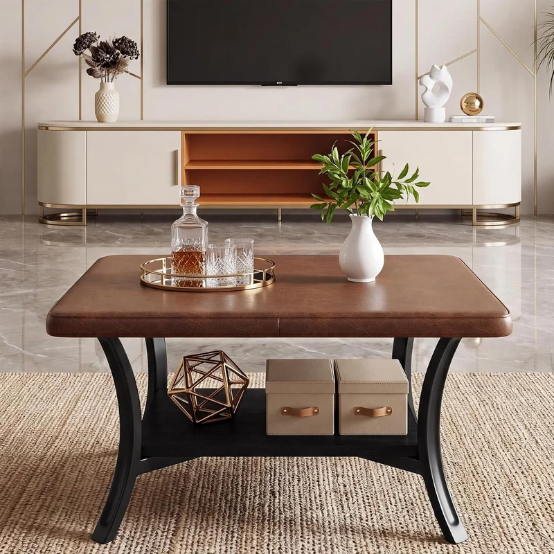 Tribesigns Table basse carrée pour salon, Revêtement en similicuir pouf rembourré avec étagère 80 cm