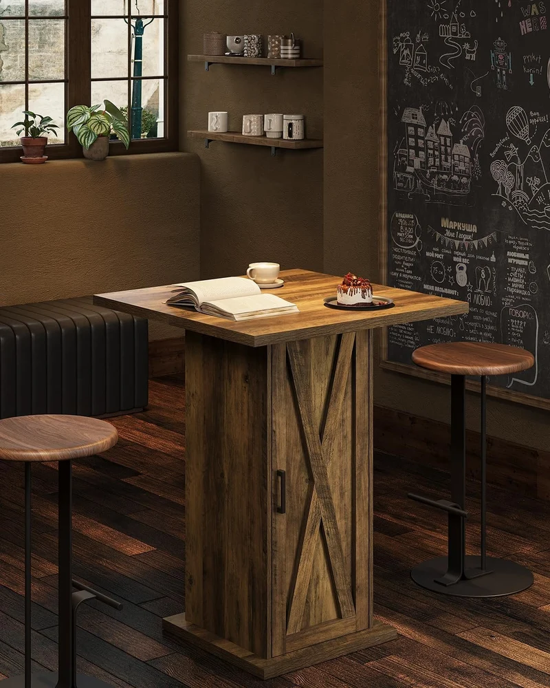 Tribesigns Table de bar avec meuble de rangement 100 cm de haut, Table carrée en bois, style bistrot champêtre avec meuble à 3 niveaux