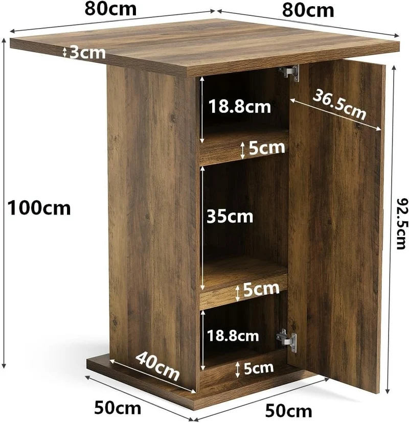 Tribesigns Table de bar avec meuble de rangement 100 cm de haut, Table carrée en bois, style bistrot champêtre avec meuble à 3 niveaux