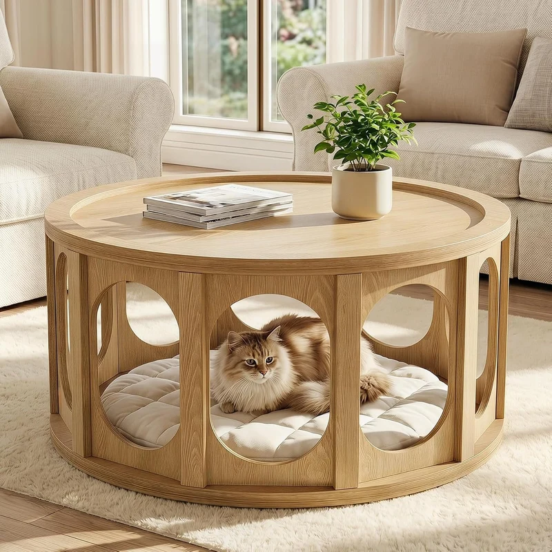 Tribesigns Table basse ronde pour chat 80 cm, Table de salon à 2 niveaux avec niche pour chat et étagère, design moderne, aspect chêne, montage facile