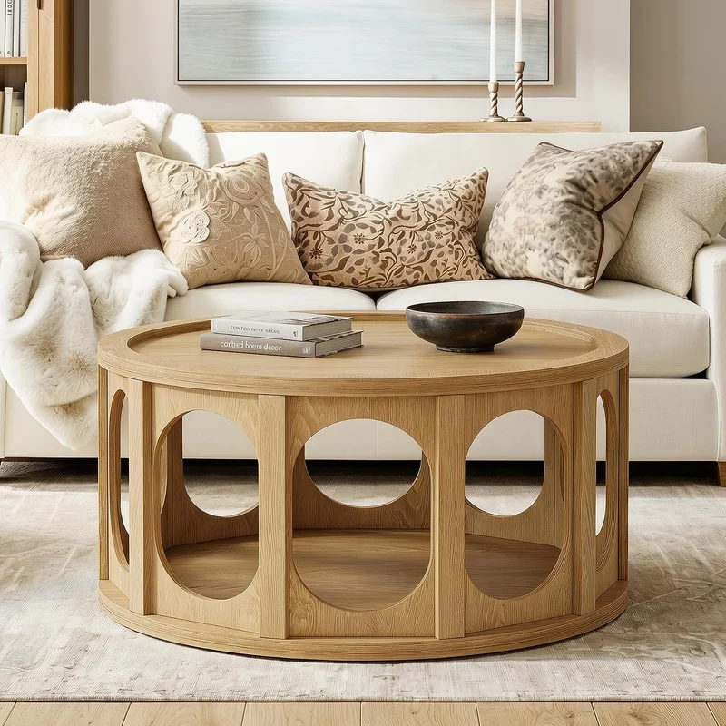 Tribesigns Table basse ronde pour chat 80 cm, Table de salon à 2 niveaux avec niche pour chat et étagère, design moderne, aspect chêne, montage facile