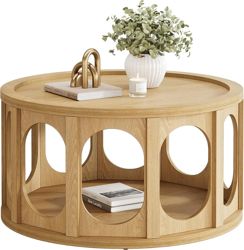 Tribesigns Table basse ronde pour chat 80 cm, Table de salon à 2 niveaux avec niche pour chat et étagère, design moderne, aspect chêne, montage facile