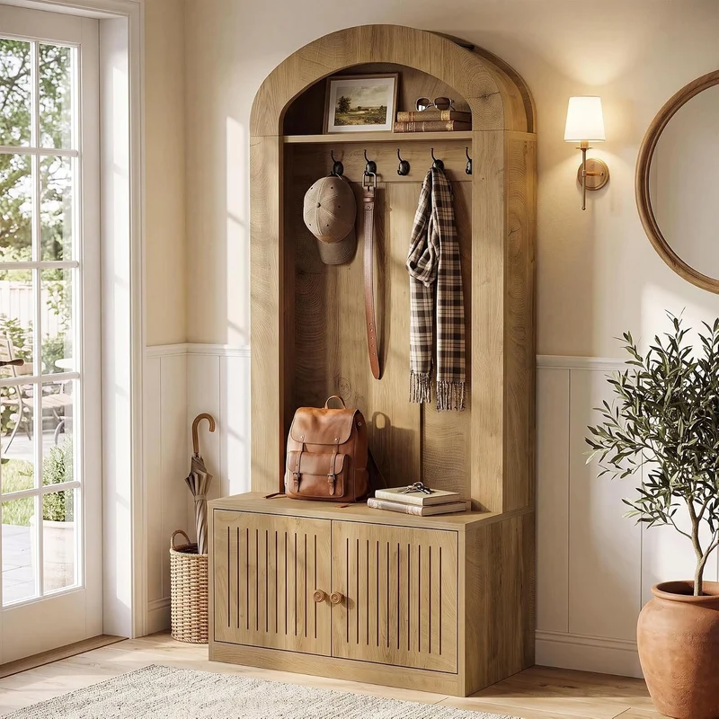 Tribesigns Armoire avec banc et rangement à chaussures, Meuble d'entrée 4 en 1 avec patères, banc, étagère à chaussures et étagère, hauteur 180 cm, marron rustique, montage facile