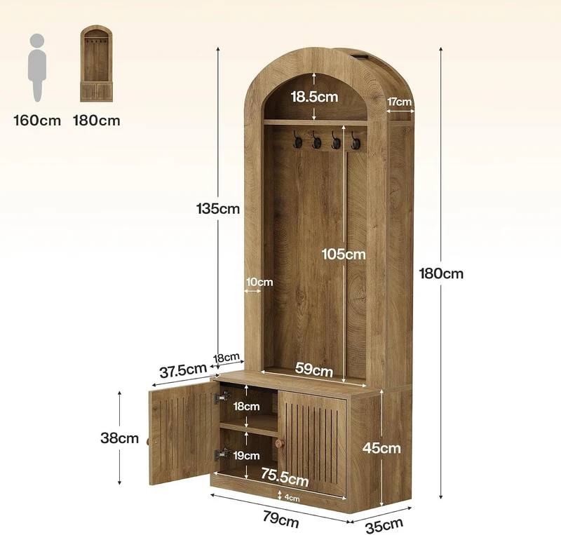 Tribesigns Armoire avec banc et rangement à chaussures, Meuble d'entrée 4 en 1 avec patères, banc, étagère à chaussures et étagère, hauteur 180 cm, marron rustique, montage facile