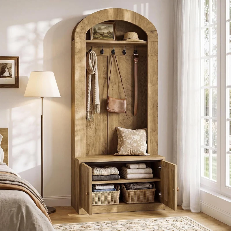 Tribesigns Armoire avec banc et rangement à chaussures, Meuble d'entrée 4 en 1 avec patères, banc, étagère à chaussures et étagère, hauteur 180 cm, marron rustique, montage facile