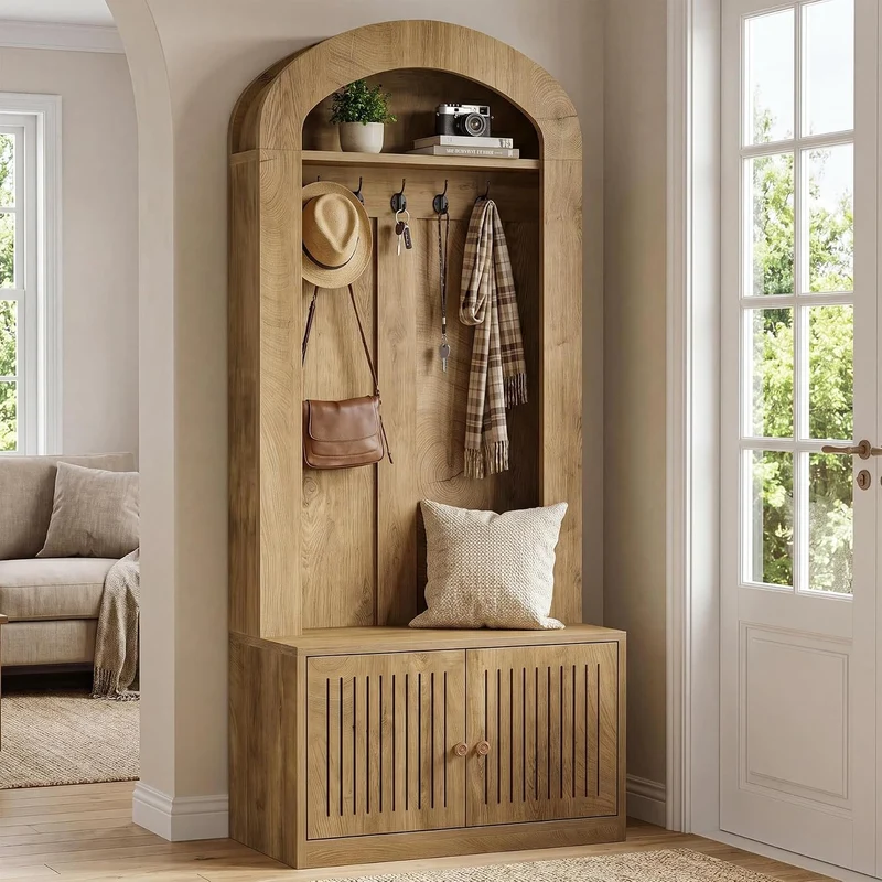 Tribesigns Armoire avec banc et rangement à chaussures, Meuble d'entrée 4 en 1 avec patères, banc, étagère à chaussures et étagère, hauteur 180 cm, marron rustique, montage facile