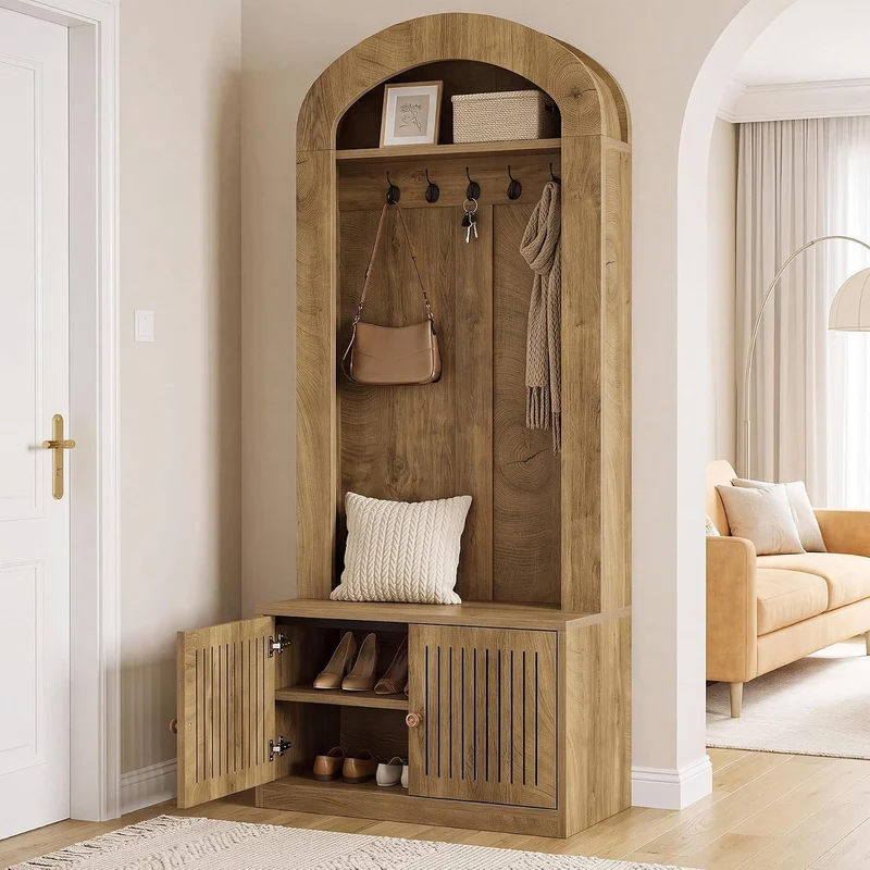 Tribesigns Armoire avec banc et rangement à chaussures, Meuble d'entrée 4 en 1 avec patères, banc, étagère à chaussures et étagère, hauteur 180 cm, marron rustique, montage facile