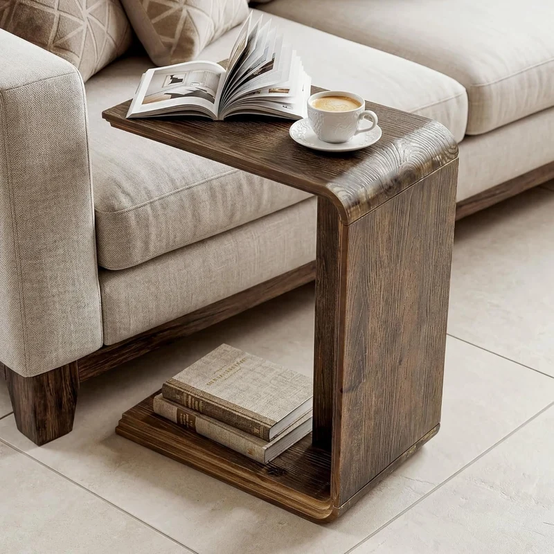 Table d'appoint en bois massif en forme de C, Table d'appoint étroite pour canapé, salon et chambre, gain de place, marron foncé