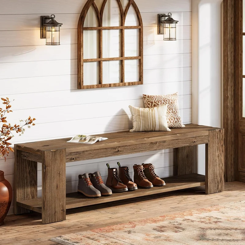 Banc d'entrée en bois massif avec étagère 140 cm, Banc à chaussures à 2 niveaux, idéal pour l'entrée, le couloir, la chambre ou le salon