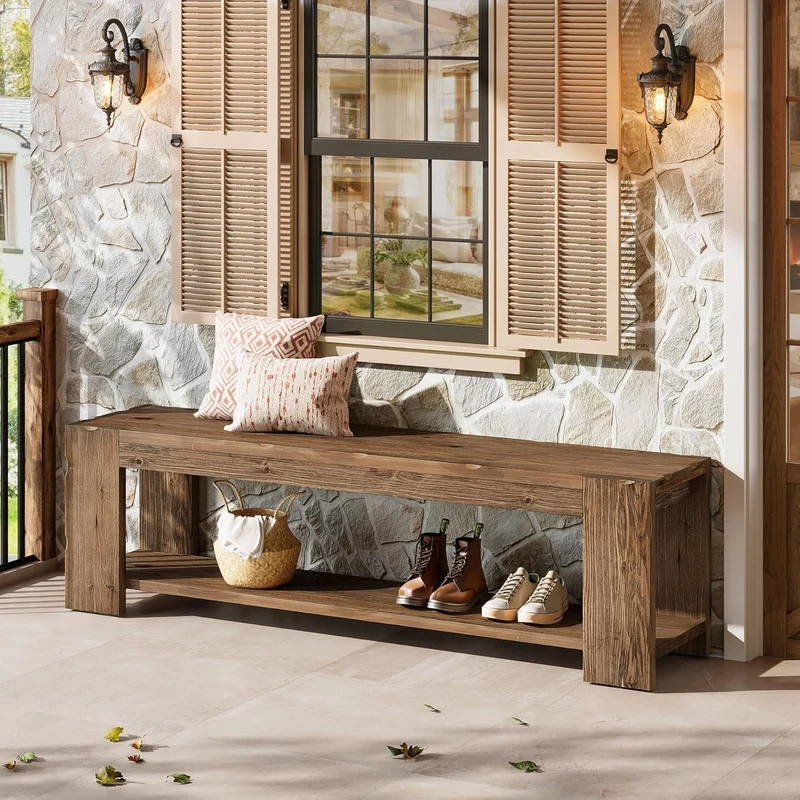 Banc d'entrée en bois massif avec étagère 140 cm, Banc à chaussures à 2 niveaux, idéal pour l'entrée, le couloir, la chambre ou le salon