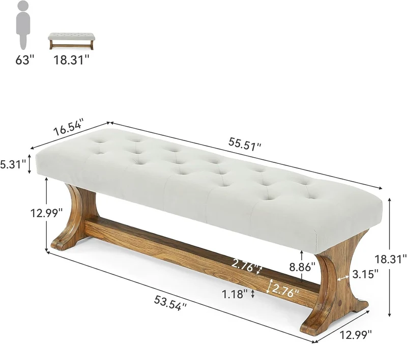 Banc capitonné 140 cm en bois massif style champêtre idéal pour une entrée, un salon ou un couloir