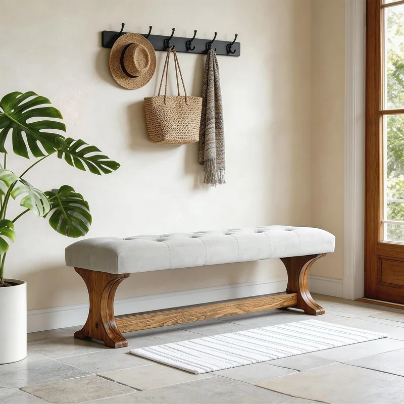 Banc capitonné 140 cm en bois massif style champêtre idéal pour une entrée, un salon ou un couloir
