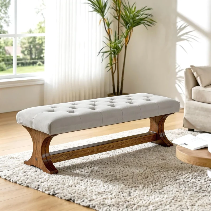 Banc capitonné 140 cm en bois massif style champêtre idéal pour une entrée, un salon ou un couloir