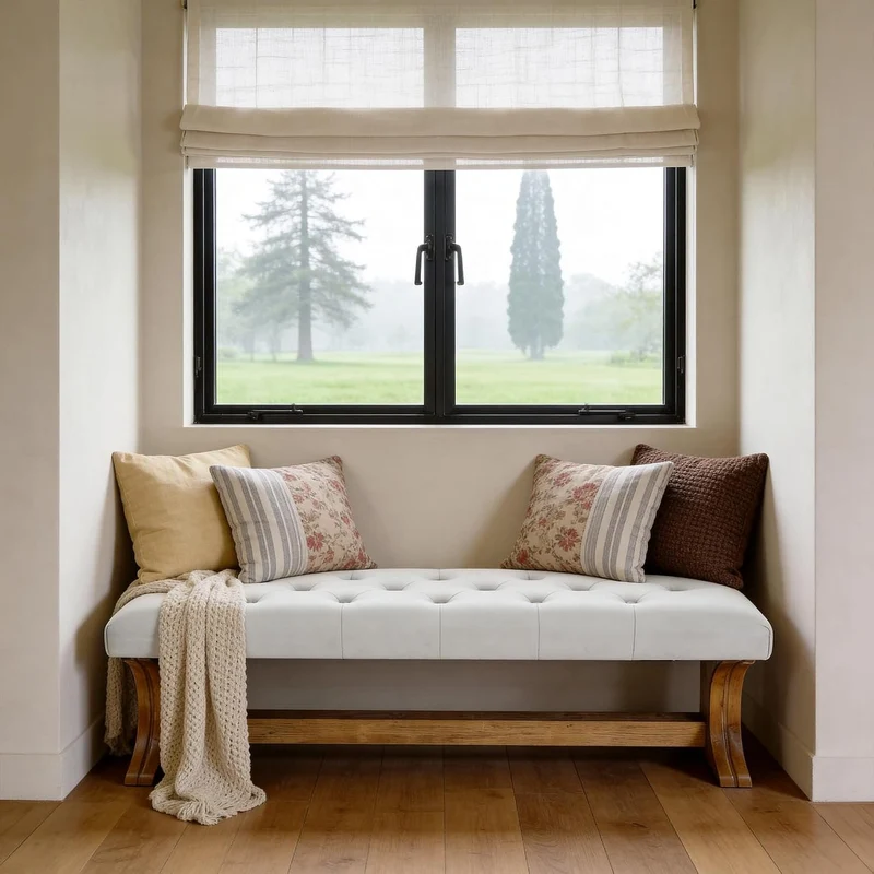Banc capitonné 140 cm en bois massif style champêtre idéal pour une entrée, un salon ou un couloir