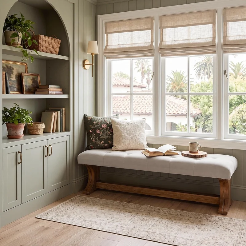 Banc capitonné 140 cm en bois massif style champêtre idéal pour une entrée, un salon ou un couloir