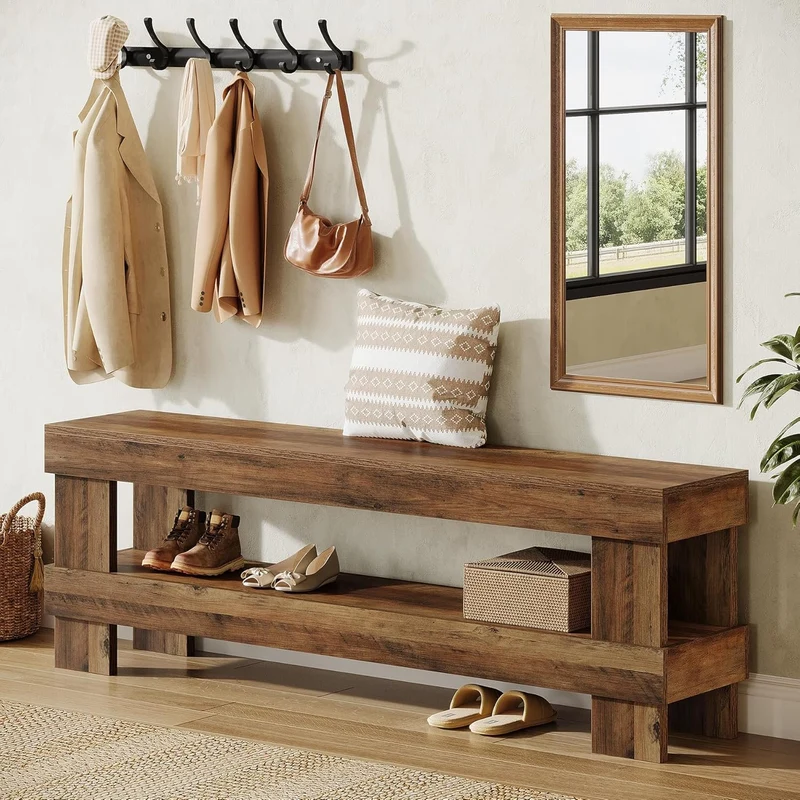 Tribesigns Banc d'entrée en bois massif, 150 cm, Banc à chaussures à 2 niveaux avec rangement