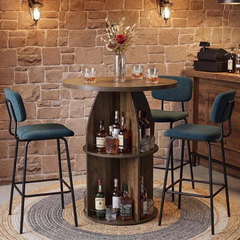 Tribesigns Table de bar ronde 95 cm de hauteur, Style bistro rustique avec compartiments de rangement ouverts, table haute en bois pour bar à domicile