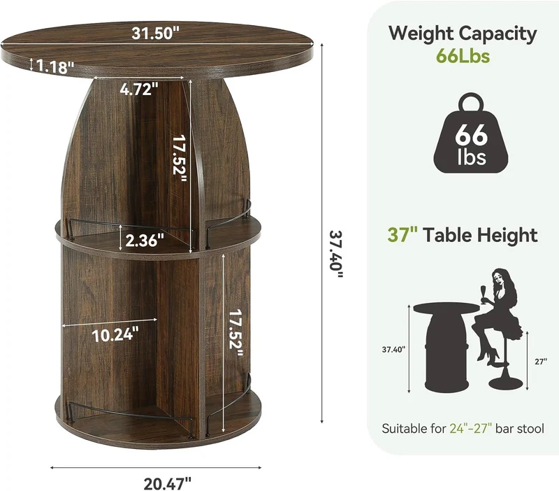 Tribesigns Table de bar ronde 95 cm de hauteur, Style bistro rustique avec compartiments de rangement ouverts, table haute en bois pour bar à domicile