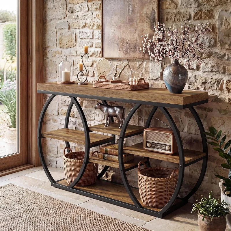 Tribesigns Console 120 cm style ferme, 4 niveaux, Table basse étroite style industriel pour salon, couloir, entrée