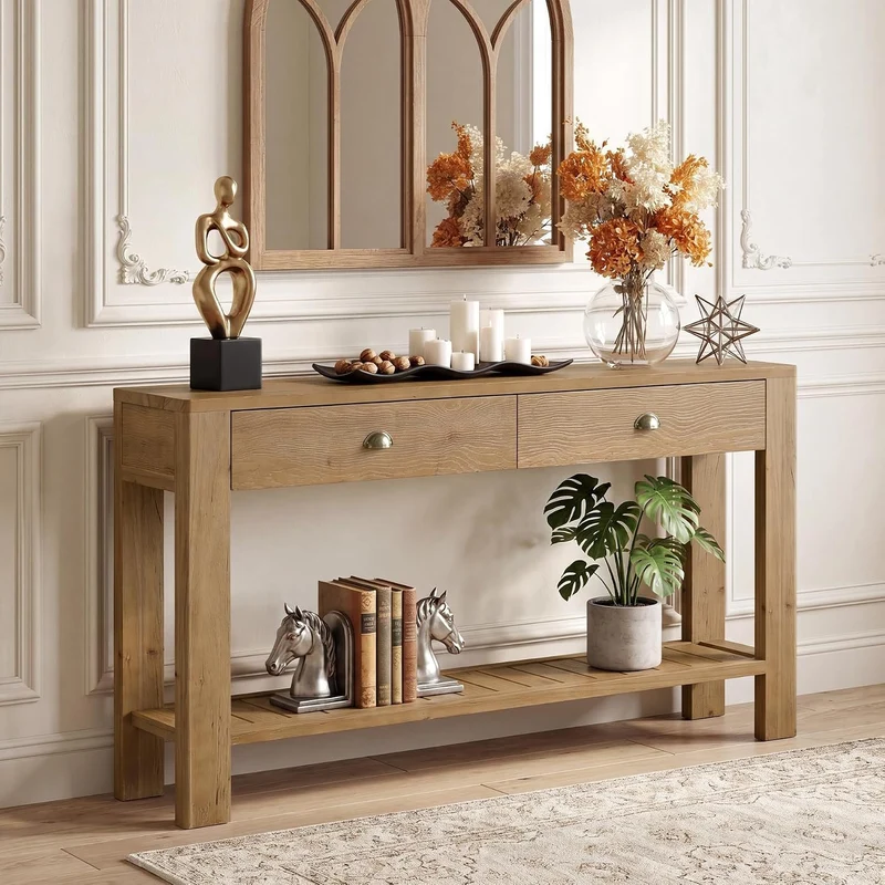 Console en bois massif de 140 cm avec 2 tiroirs, Table d'entrée avec rangement ouvert Table basse derrière le canapé