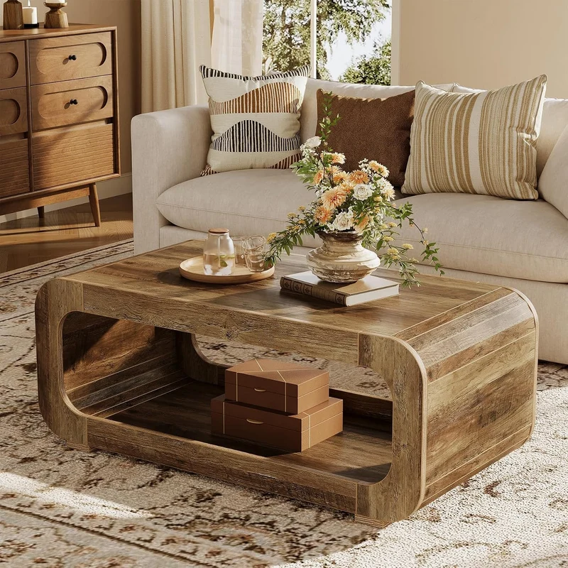 Tribesigns Table basse 120 cm avec rangement ouvert, Table rectangulaire en bois pour salon