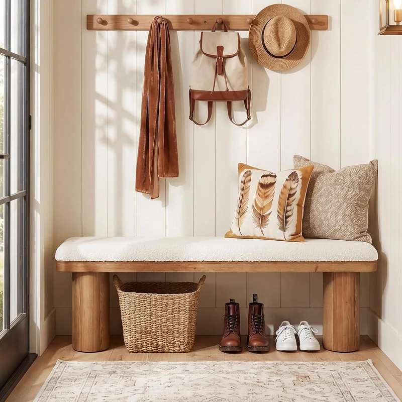 Tribesigns Banc à chaussures en bois massif 120 cm recouvert de tissu capitonné avec coussin bouclé blanc