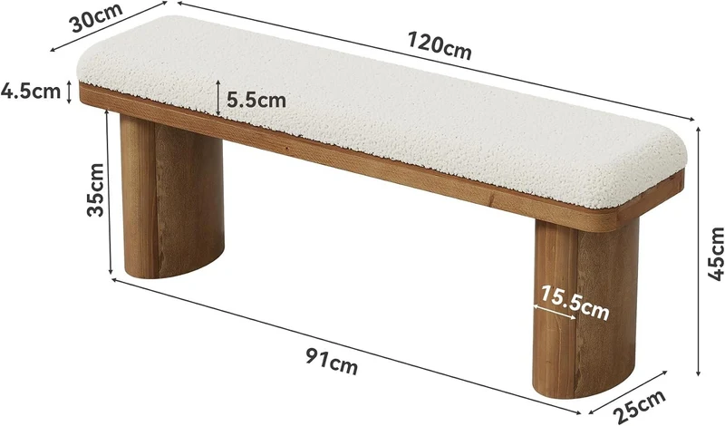 Tribesigns Banc à chaussures en bois massif 120 cm recouvert de tissu capitonné avec coussin bouclé blanc