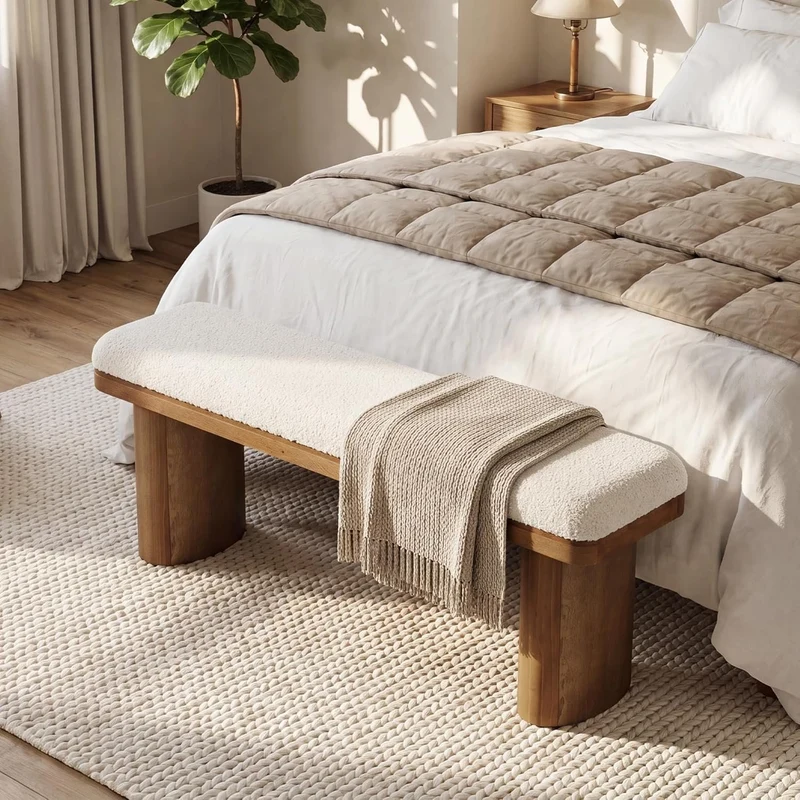 Tribesigns Banc à chaussures en bois massif 120 cm recouvert de tissu capitonné avec coussin bouclé blanc