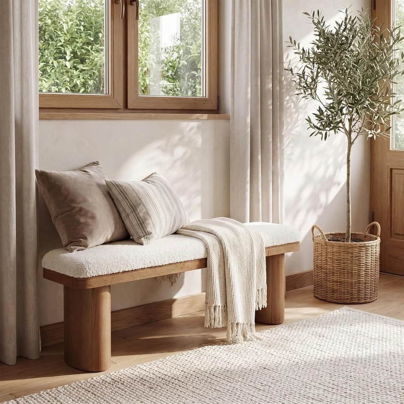 Tribesigns Banc à chaussures en bois massif 120 cm recouvert de tissu capitonné avec coussin bouclé blanc