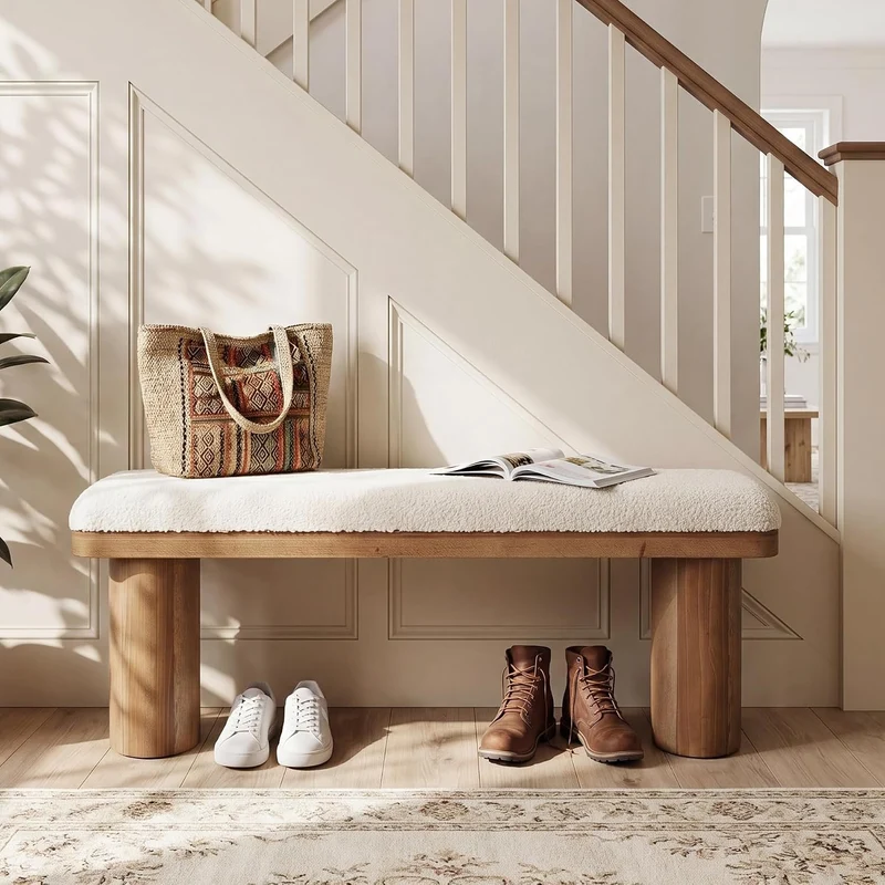 Tribesigns Banc à chaussures en bois massif 120 cm recouvert de tissu capitonné avec coussin bouclé blanc