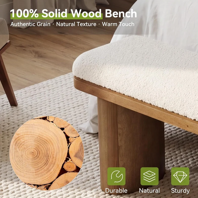 Tribesigns Banc à chaussures en bois massif 120 cm recouvert de tissu capitonné avec coussin bouclé blanc