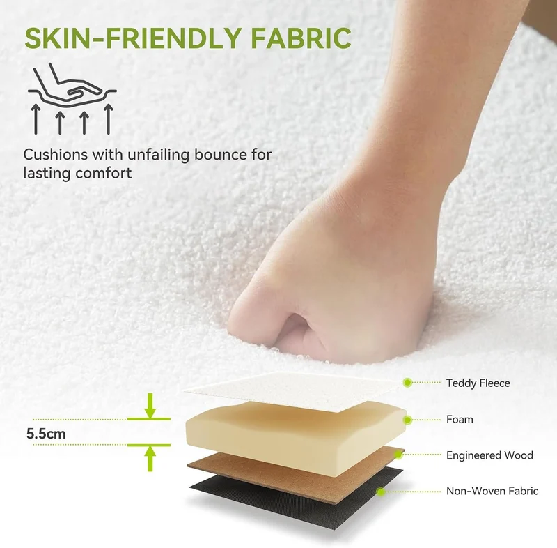 Tribesigns Banc à chaussures en bois massif 120 cm recouvert de tissu capitonné avec coussin bouclé blanc