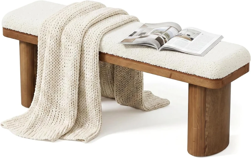 Tribesigns Banc à chaussures en bois massif 120 cm recouvert de tissu capitonné avec coussin bouclé blanc