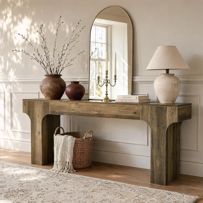 Tribesigns Console extra longue 200 cm design arqué, marron, Style champêtre aux tons chauds et rustiques