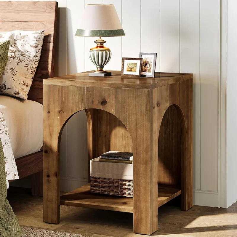 Tribesigns Table d'appoint style campagnard 2 niveaux en bois carrée marron, Bois massif, style campagnard