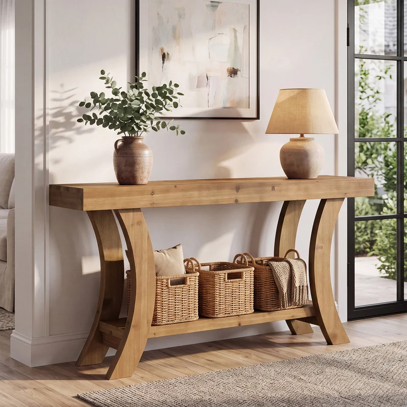 Tribesigns Console en bois massif 160 cm, Table d'entrée avec étagère et cadre arqué