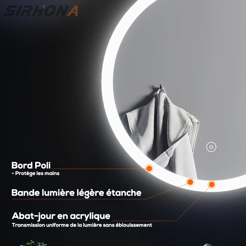 SIRHONA 80cm Miroir de Salle de Bain à LED Rond Anti-buée avec éclairage intégré Blanc Froid Miroir Rond Mural