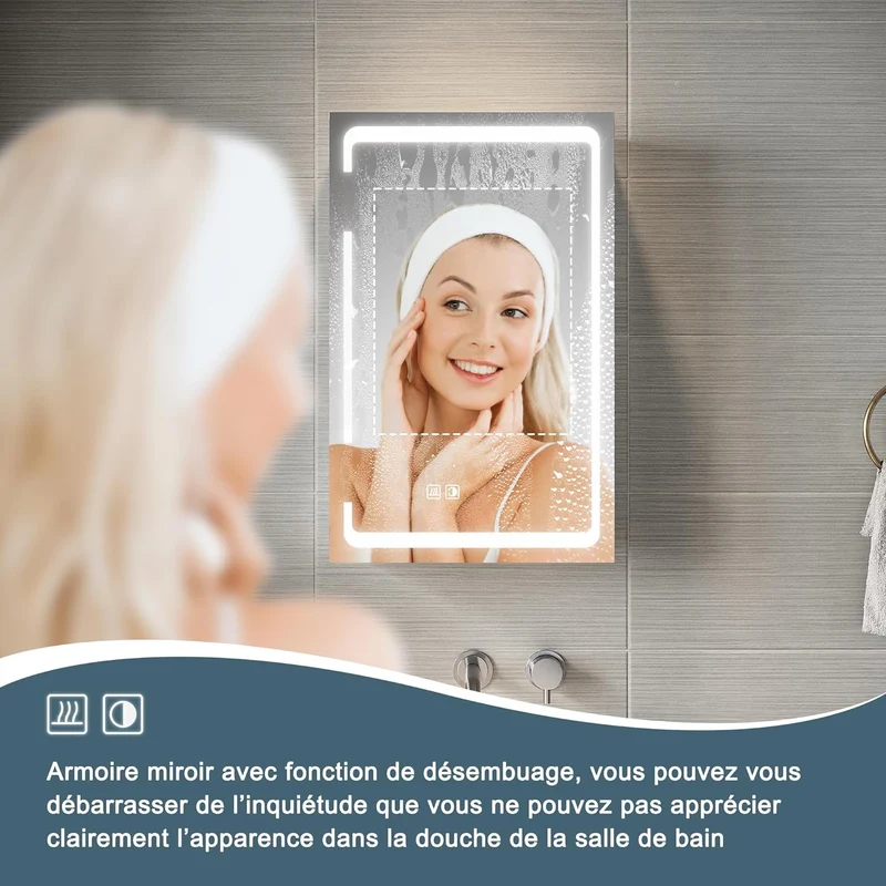SIRHONA avec prise rasoir avec miroir à trois couleurs à gradation infinie et tampon de salle de bain murales 380 x 600x140mm