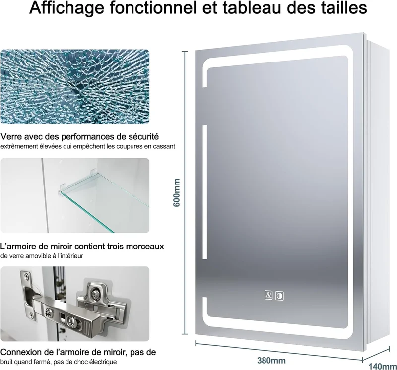 SIRHONA avec prise rasoir avec miroir à trois couleurs à gradation infinie et tampon de salle de bain murales 380 x 600x140mm