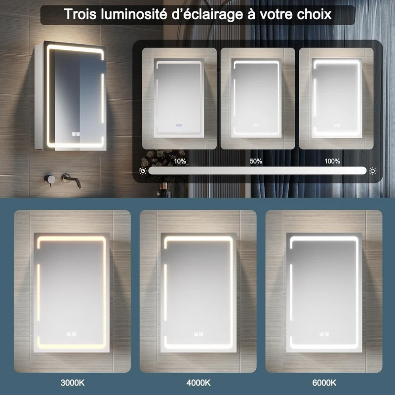 SIRHONA avec prise rasoir avec miroir à trois couleurs à gradation infinie et tampon de salle de bain murales 380 x 600x140mm