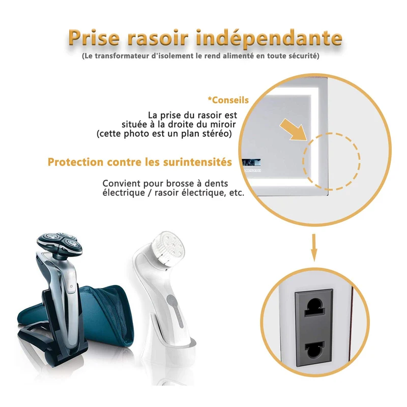 SIRHONA LED Miroir de salle de Anti-buée Avec prise rasoir lnterrupteur tactile 1000 x 600 x 35mm