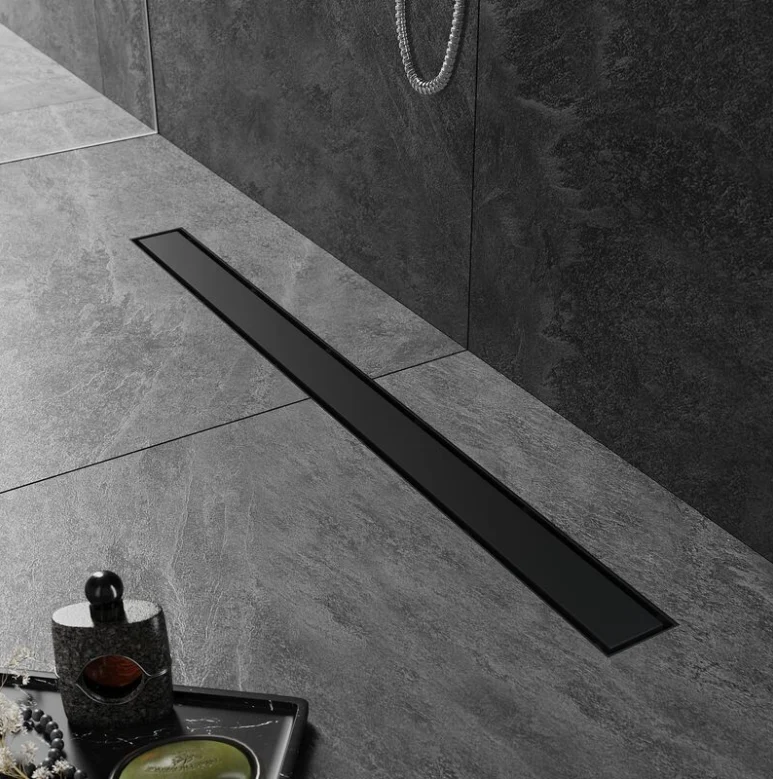 SIRHONA Caniveau Douche Noir Italienne 60~90cm à carreler, Siphon de Sol Douche Modèle 2 en 1, Acier Inoxydable