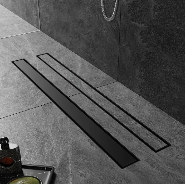 SIRHONA Caniveau Douche Noir Italienne 60~90cm à carreler, Siphon de Sol Douche Modèle 2 en 1, Acier Inoxydable