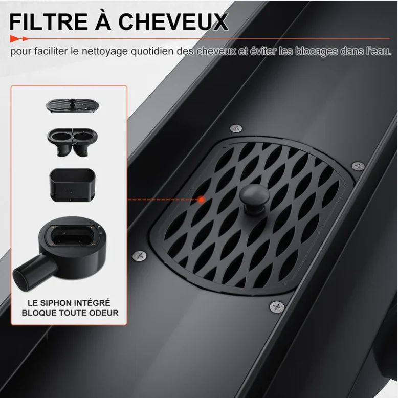 SIRHONA Caniveau Douche Noir Italienne 60~90cm à carreler, Siphon de Sol Douche Modèle 2 en 1, Acier Inoxydable