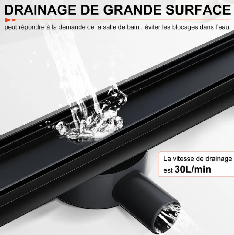 SIRHONA Caniveau Douche Noir Italienne 60~90cm à carreler, Siphon de Sol Douche Modèle 2 en 1, Acier Inoxydable