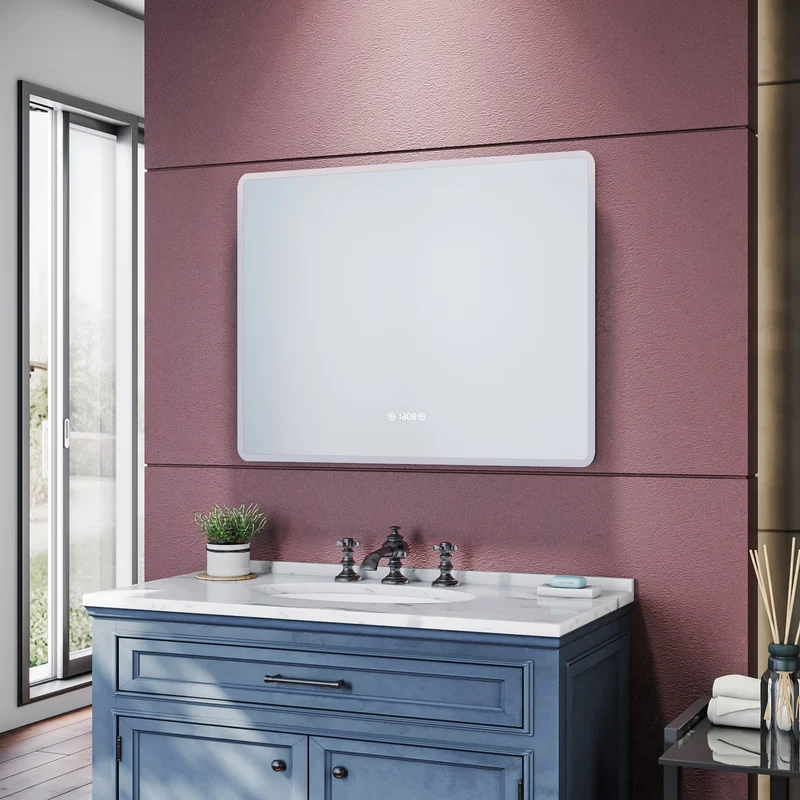 SIRHONA Miroir de salle de bains 900x700x35mm - Miroir mural cosmétique LED - Trois températures de couleur - Anti-buée avec réglage de l'heure