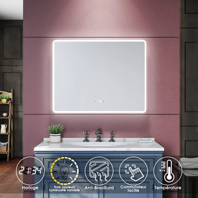 SIRHONA Miroir de salle de bains 900x700x35mm - Miroir mural cosmétique LED - Trois températures de couleur - Anti-buée avec réglage de l'heure