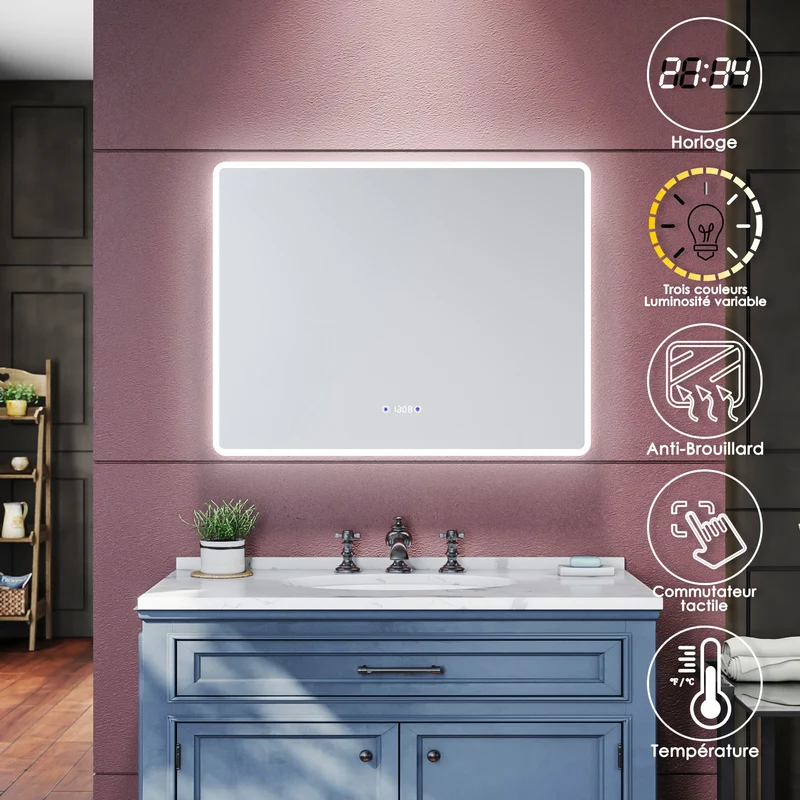 SIRHONA Miroir de salle de bains 900x700x35mm - Miroir mural cosmétique LED - Trois températures de couleur - Anti-buée avec réglage de l'heure