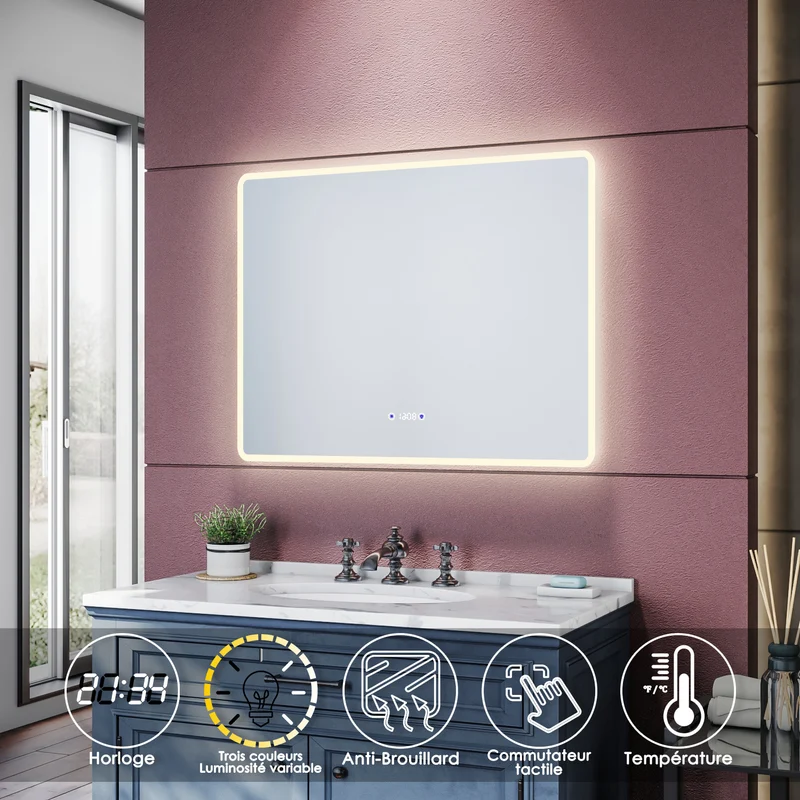 SIRHONA Miroir de salle de bains 900x700x35mm - Miroir mural cosmétique LED - Trois températures de couleur - Anti-buée avec réglage de l'heure